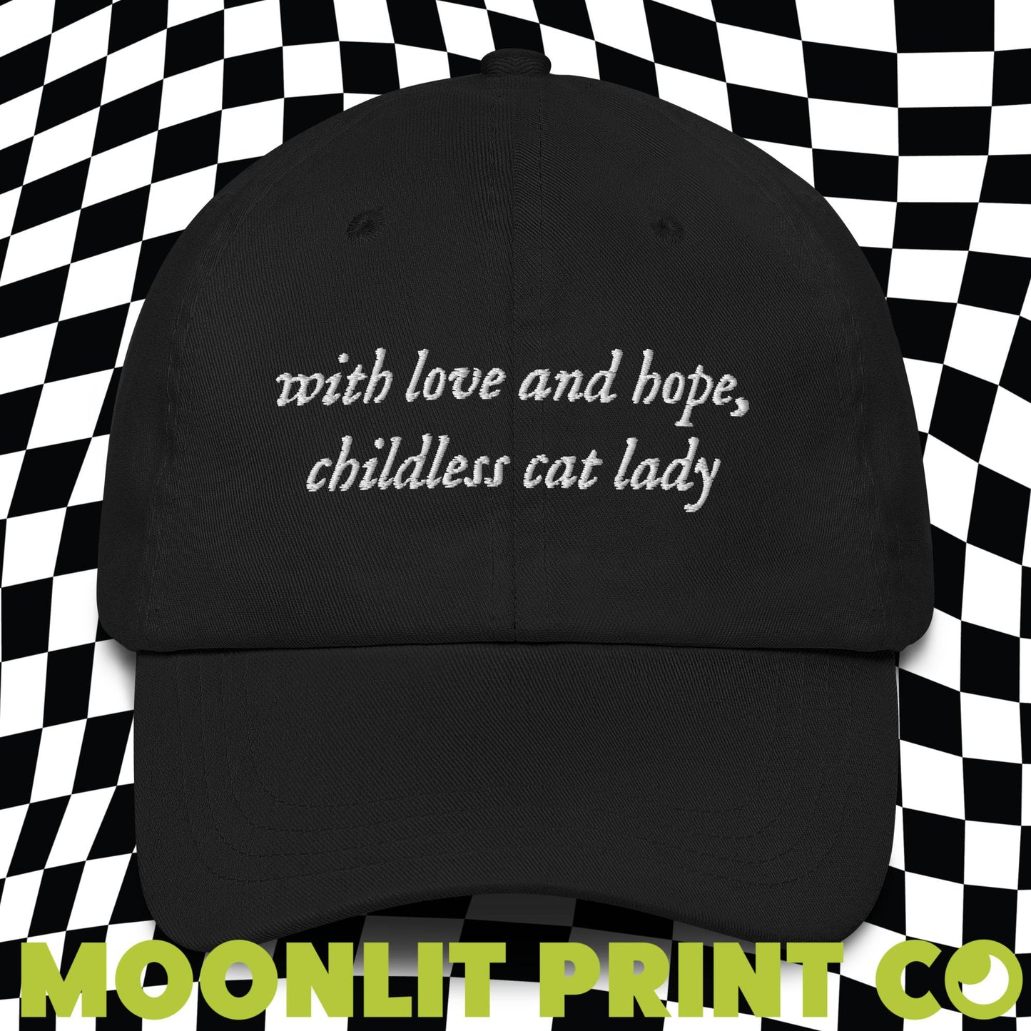 With Love And Hope Childless Cat Lady Solid Color Dad Hat, Kamala For President, Swifties For Harris, Gift For Her, Trendy Hat