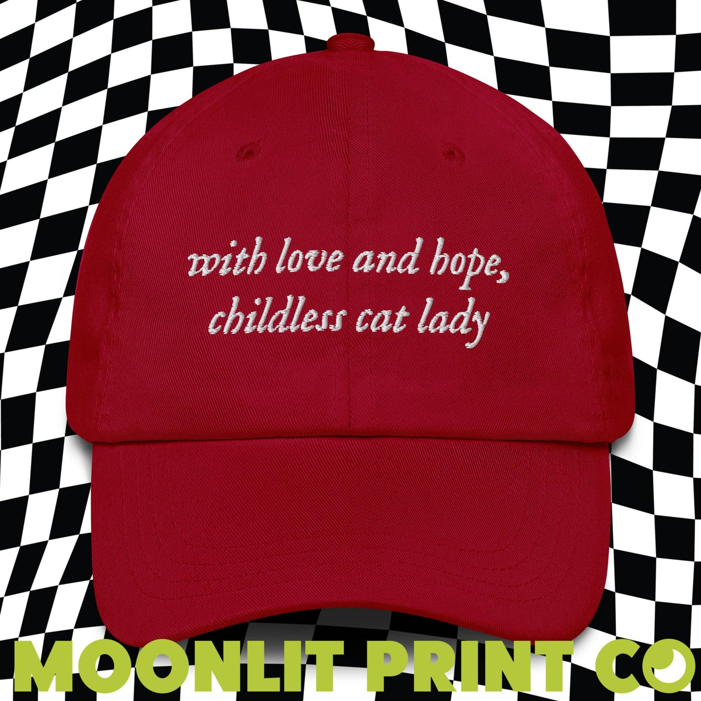 With Love And Hope Childless Cat Lady Solid Color Dad Hat, Kamala For President, Swifties For Harris, Gift For Her, Trendy Hat