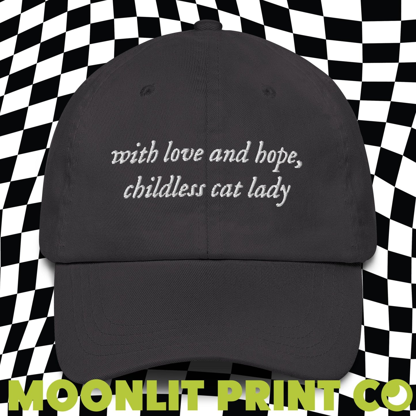 With Love And Hope Childless Cat Lady Solid Color Dad Hat, Kamala For President, Swifties For Harris, Gift For Her, Trendy Hat