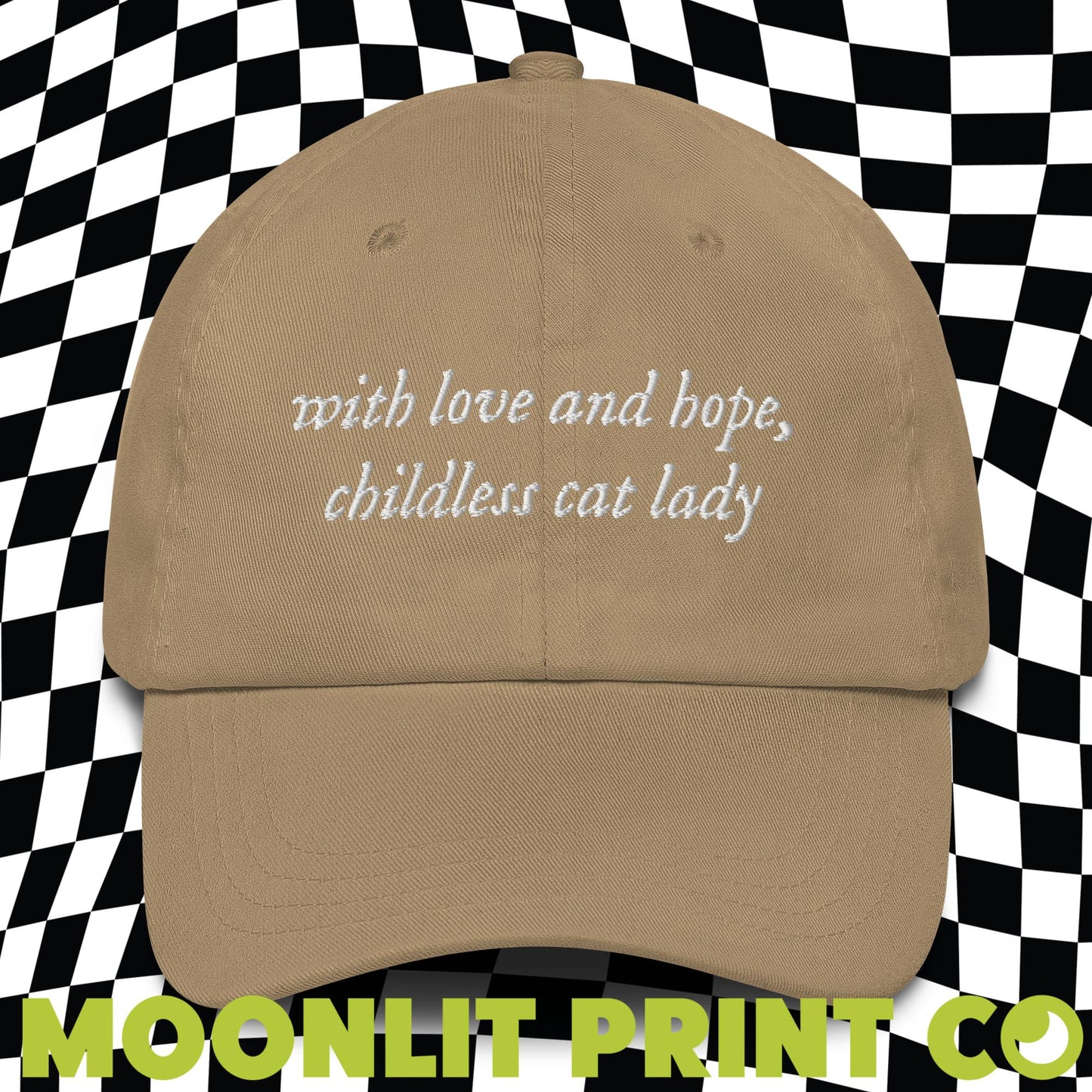 With Love And Hope Childless Cat Lady Solid Color Dad Hat, Kamala For President, Swifties For Harris, Gift For Her, Trendy Hat