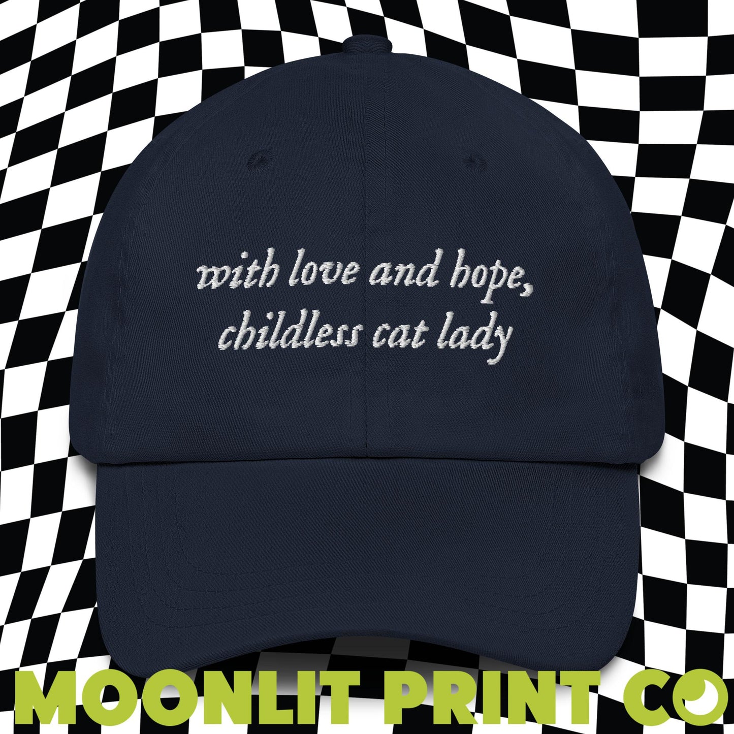 With Love And Hope Childless Cat Lady Solid Color Dad Hat, Kamala For President, Swifties For Harris, Gift For Her, Trendy Hat