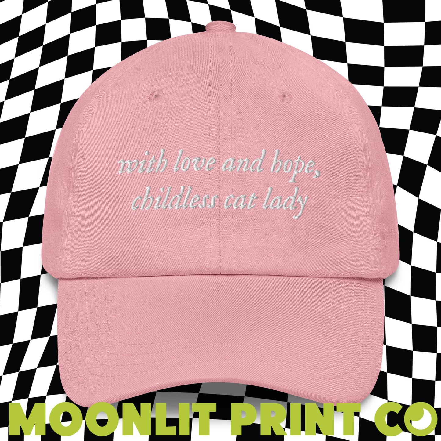 With Love And Hope Childless Cat Lady Solid Color Dad Hat, Kamala For President, Swifties For Harris, Gift For Her, Trendy Hat