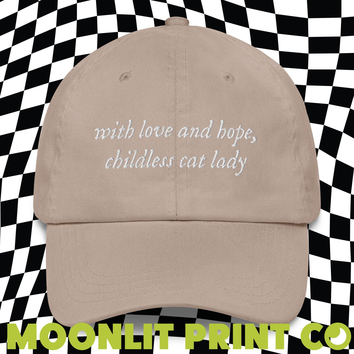 With Love And Hope Childless Cat Lady Solid Color Dad Hat, Kamala For President, Swifties For Harris, Gift For Her, Trendy Hat