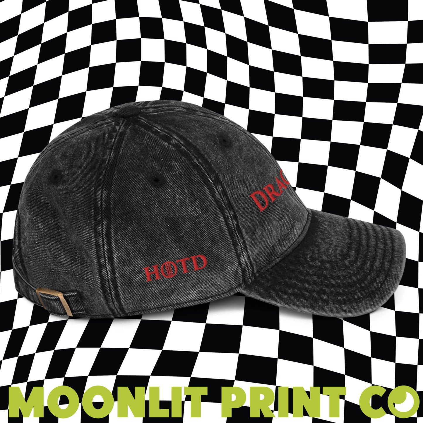Dracarys HOTD Distressed Snow Washed Dad Hat - Front and Right Side Embroidery