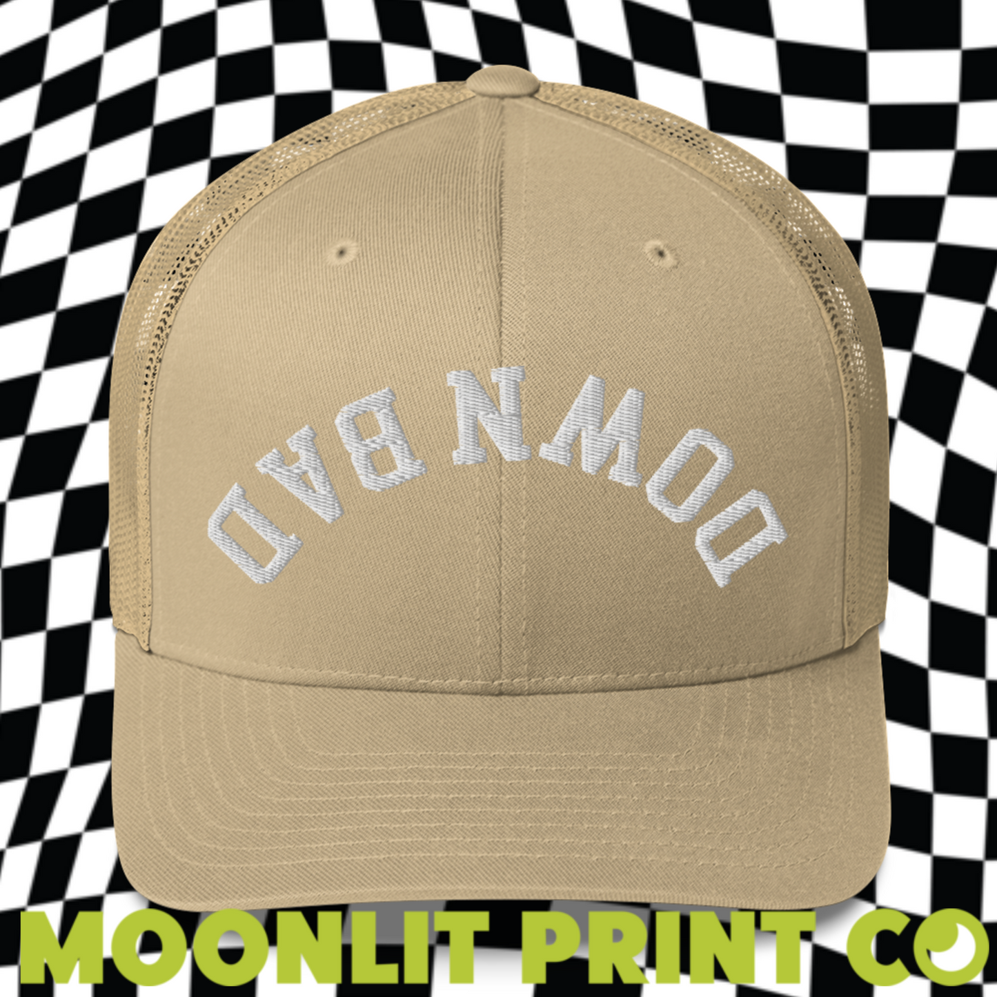 a tan hat with the word downmod embroidered on it