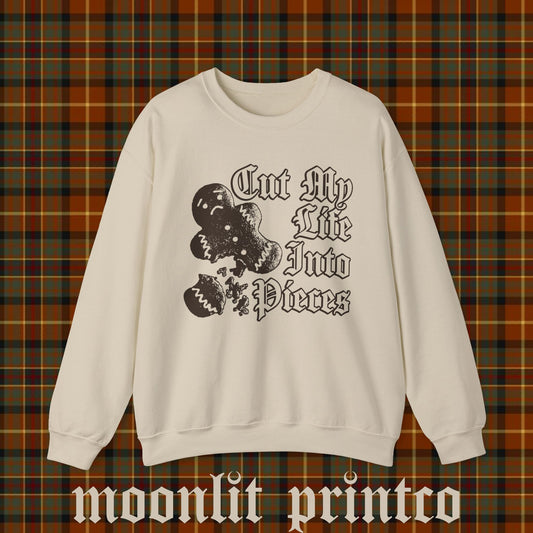 cut my life in to pieces gingerbread man gildan crewneck, funny holiday sweater, christmas crewneck, ugly sweater, emo not a phase gift, y2k