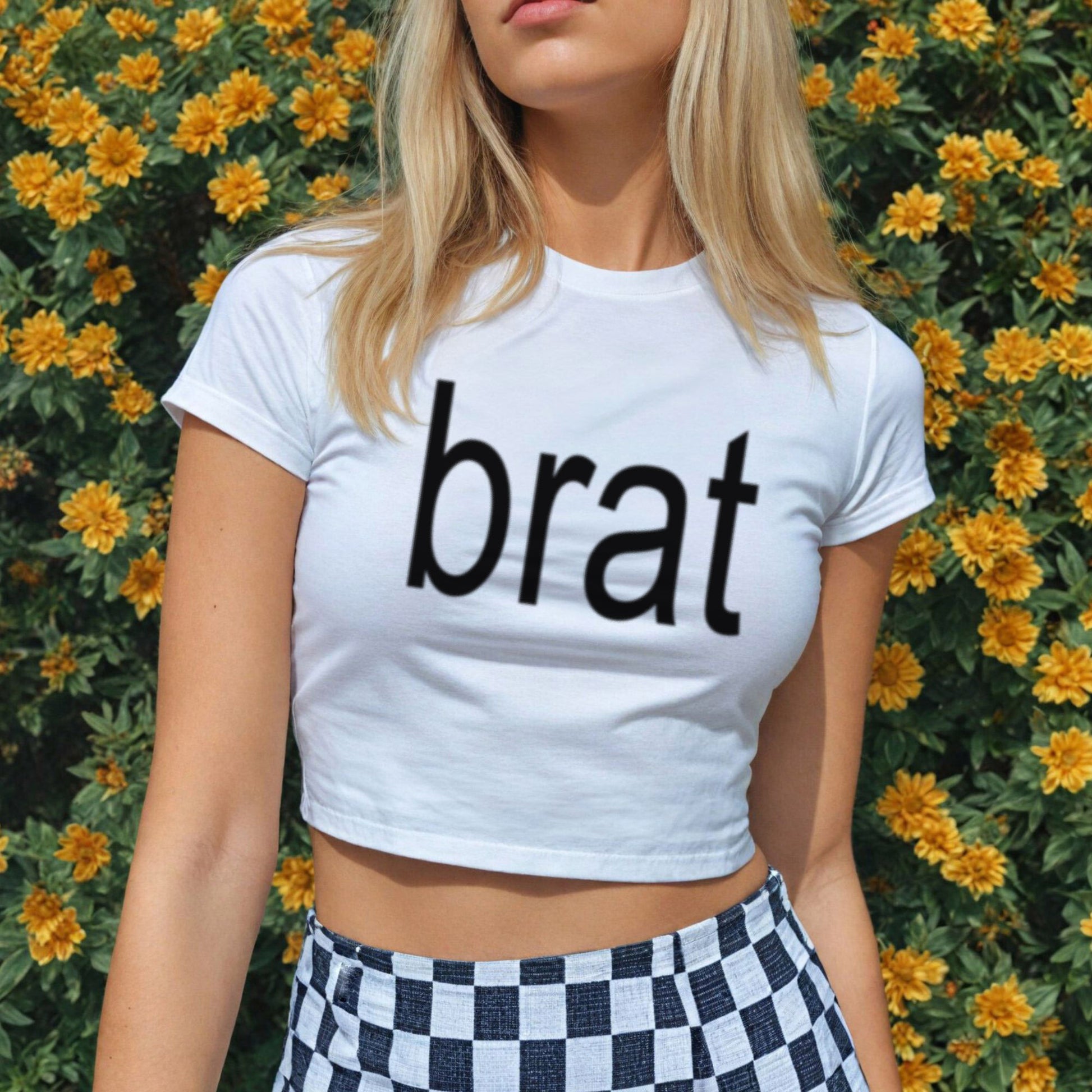 a woman wearing a white crop top with the word brat on it