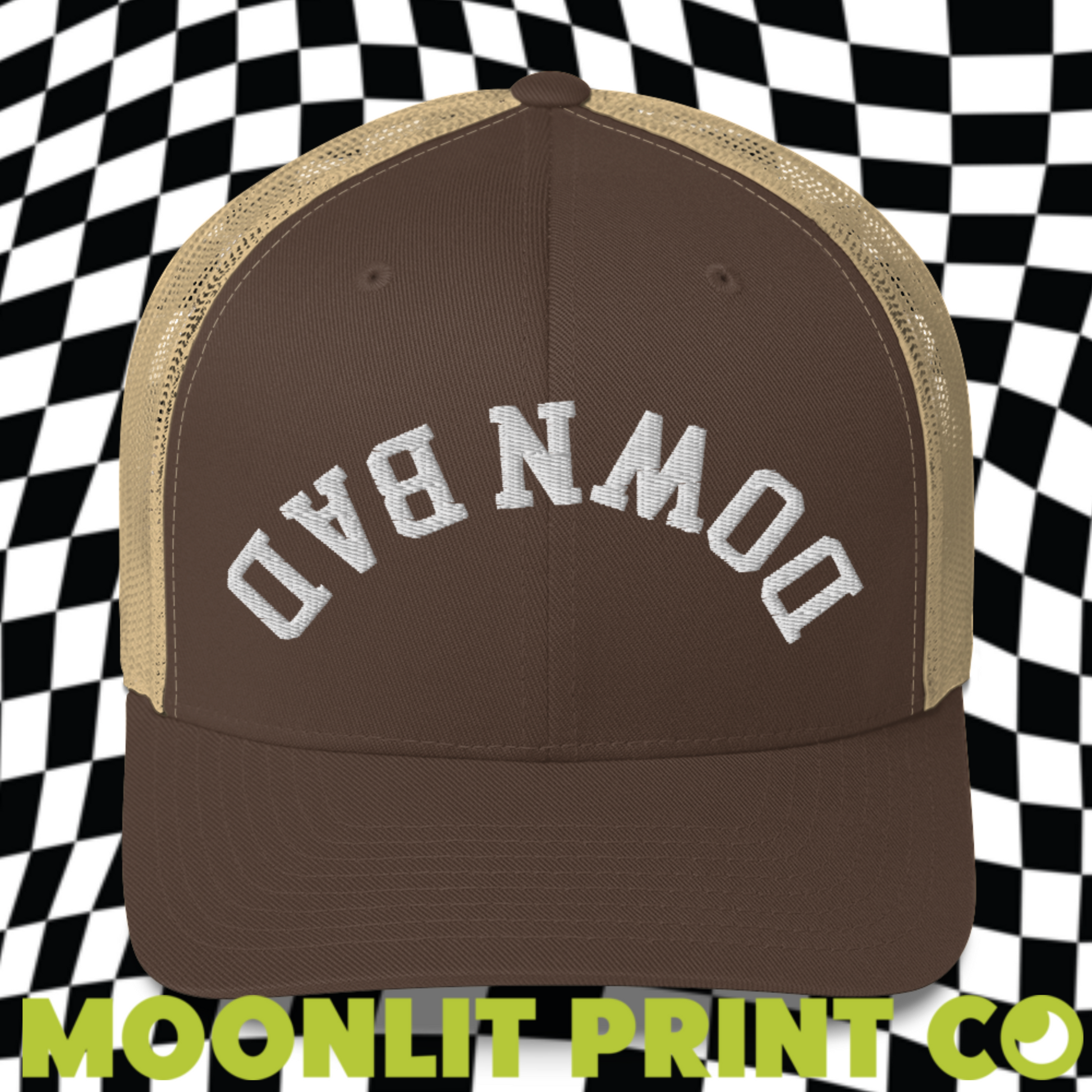 a brown and gold hat with the words downmod on it