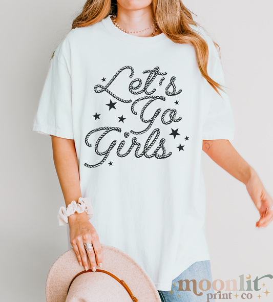 a woman with a hat and a t - shirt that says let's go