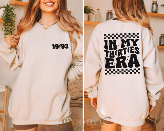 In My Thirties Era Gildan Crewneck 30th Birthday Pocket Print 1993 Girl Retro Checkerboard Lightning Bolt Trendy Tee Funny Tshirt