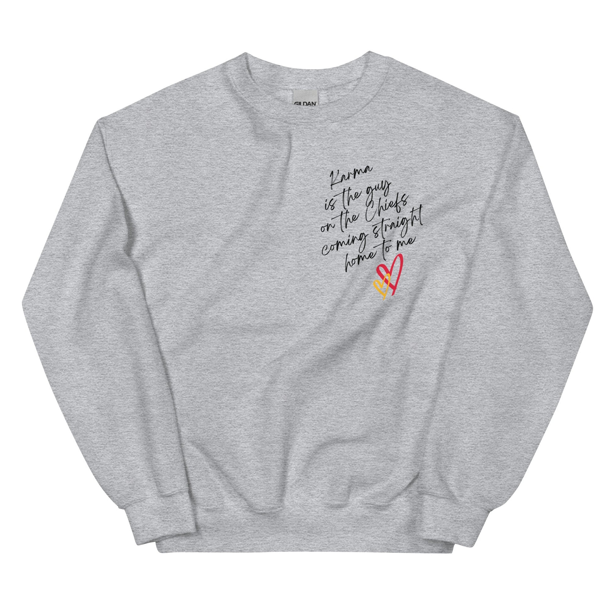 Karma Is The Guy On The Chiefs Gildan Crewneck Game Day Tee Football Tswift Swiftmas Merry Swiftmas Funny Tee Funny Tshirt