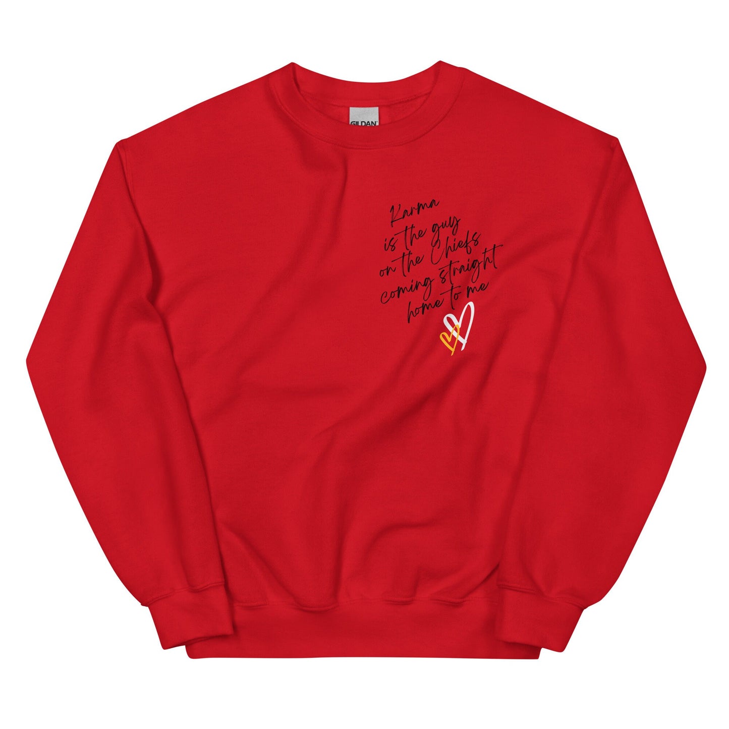 Karma Is The Guy On The Chiefs Gildan Crewneck Game Day Tee Football Tswift Swiftmas Merry Swiftmas Funny Tee Funny Tshirt