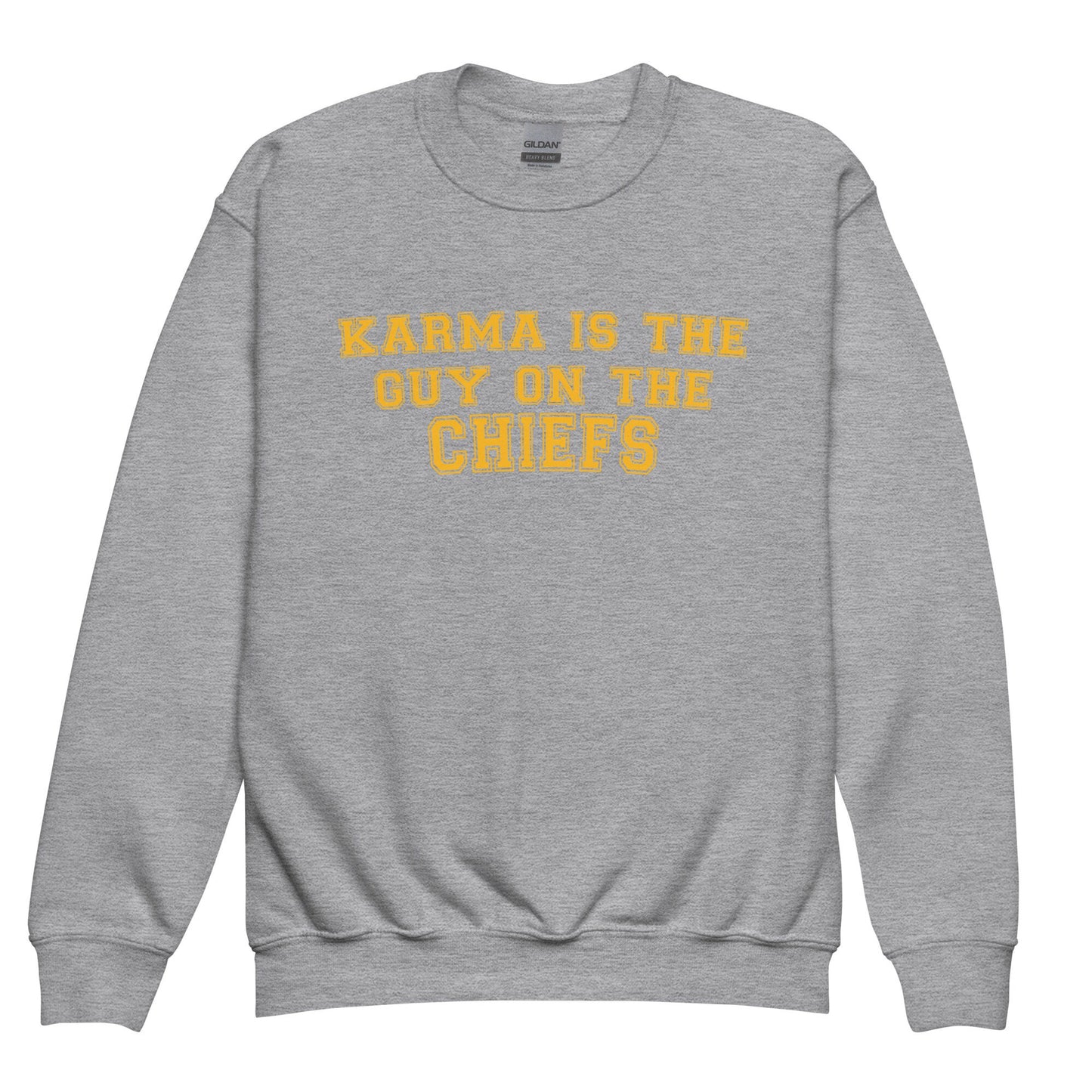 Karma Is The Guy On The Chiefs Youth Gildan Crewneck Game Day Tee Football Tswift Swiftmas Merry Swiftmas Funny Tee Funny Tshirt