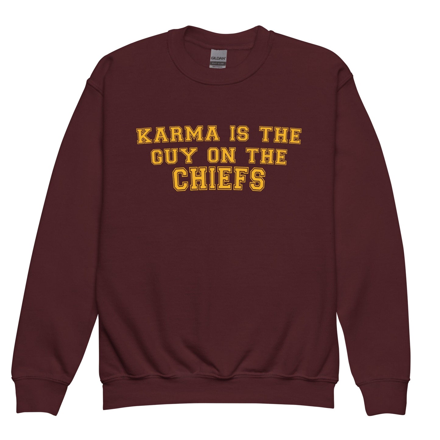 Karma Is The Guy On The Chiefs Youth Gildan Crewneck Game Day Tee Football Tswift Swiftmas Merry Swiftmas Funny Tee Funny Tshirt