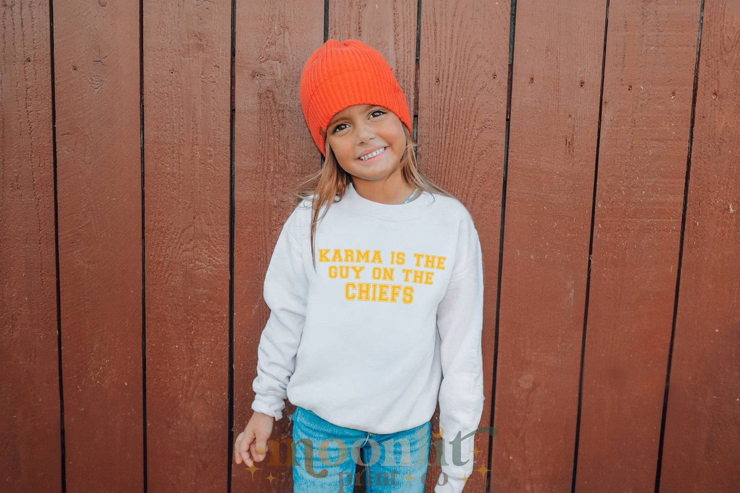 Karma Is The Guy On The Chiefs Youth Gildan Crewneck Game Day Tee Football Tswift Swiftmas Merry Swiftmas Funny Tee Funny Tshirt