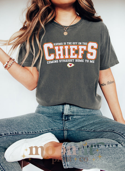 Karma Is The Guy On The Chiefs Comfort Colors Game Day Tee Football Tswift Swiftmas Merry Swiftmas Funny Tee Funny Tshirt Arrowhead