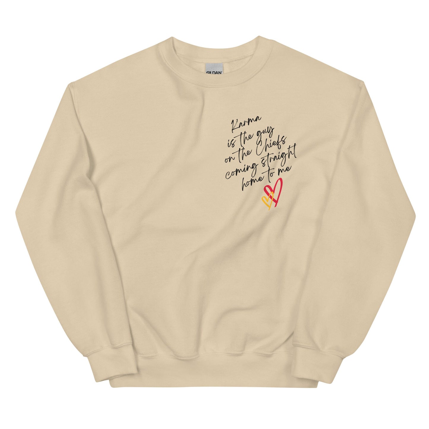 Karma Is The Guy On The Chiefs Gildan Crewneck Game Day Tee Football Tswift Swiftmas Merry Swiftmas Funny Tee Funny Tshirt