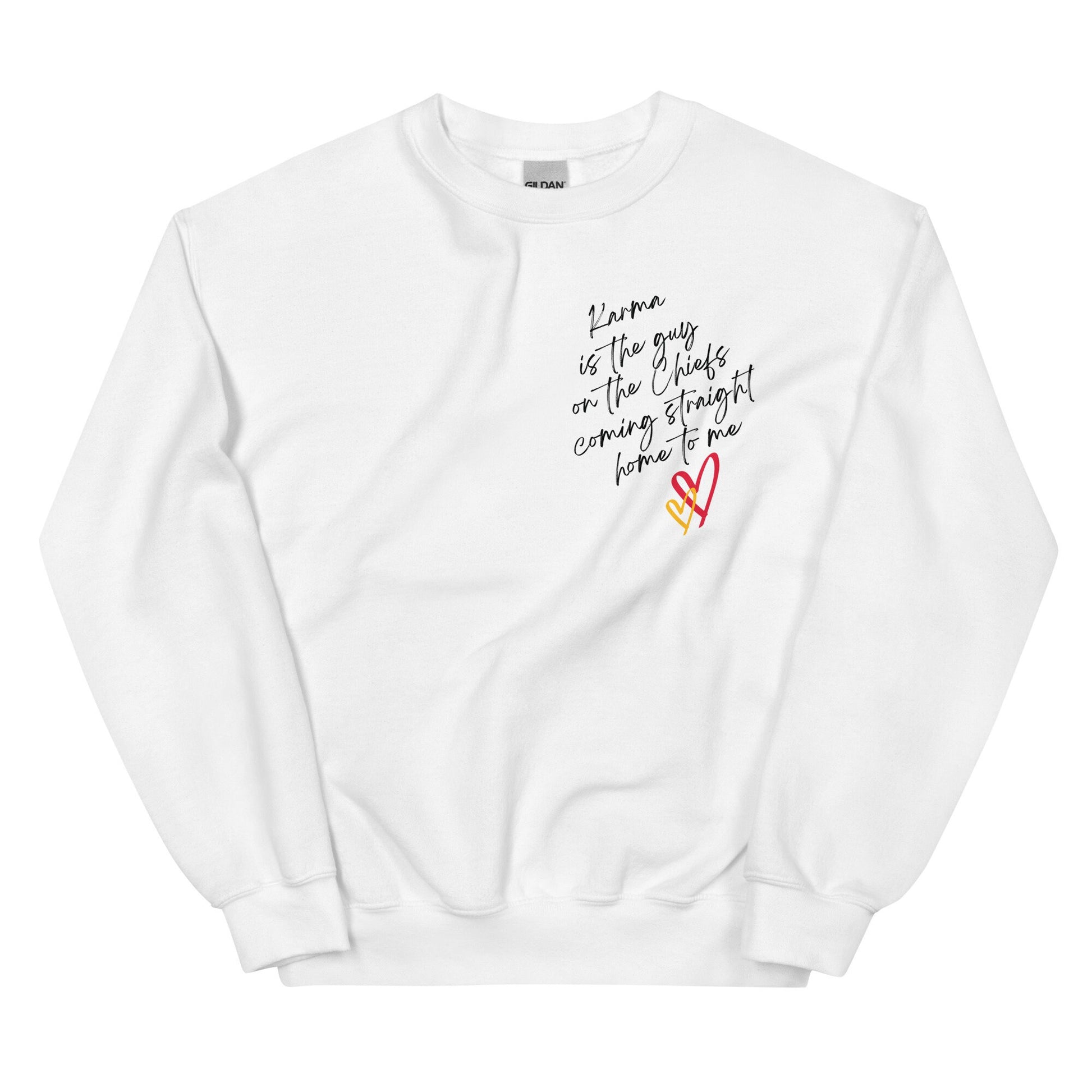 Karma Is The Guy On The Chiefs Gildan Crewneck Game Day Tee Football Tswift Swiftmas Merry Swiftmas Funny Tee Funny Tshirt