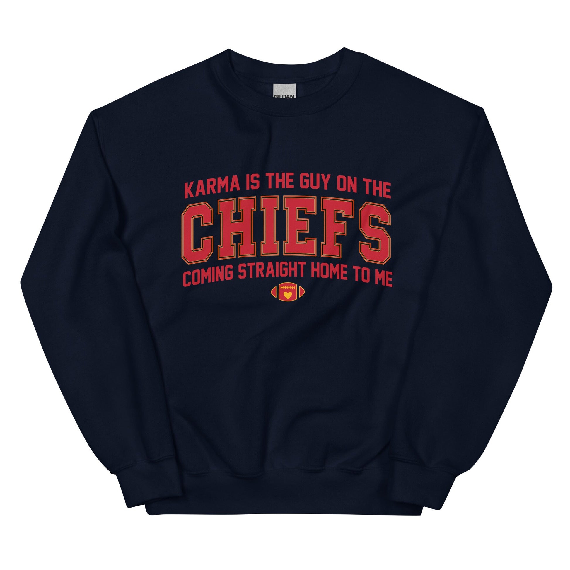 Karma Is The Guy On The Chiefs Gildan Crewneck Game Day Tee Football Tswift Swiftmas Merry Swiftmas Funny Tee Funny Tshirt