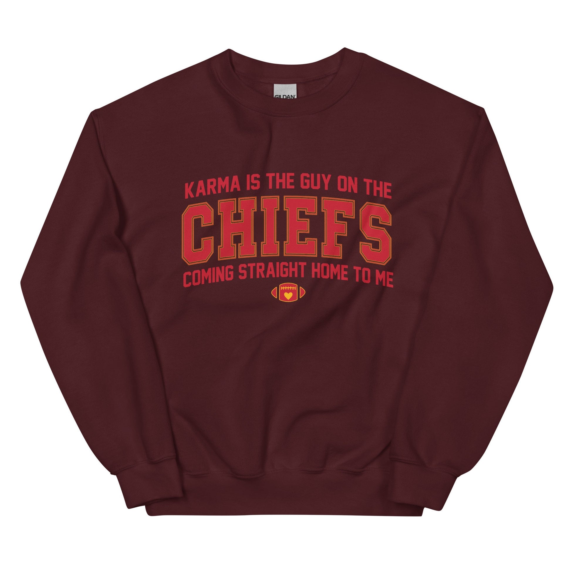 Karma Is The Guy On The Chiefs Gildan Crewneck Game Day Tee Football Tswift Swiftmas Merry Swiftmas Funny Tee Funny Tshirt