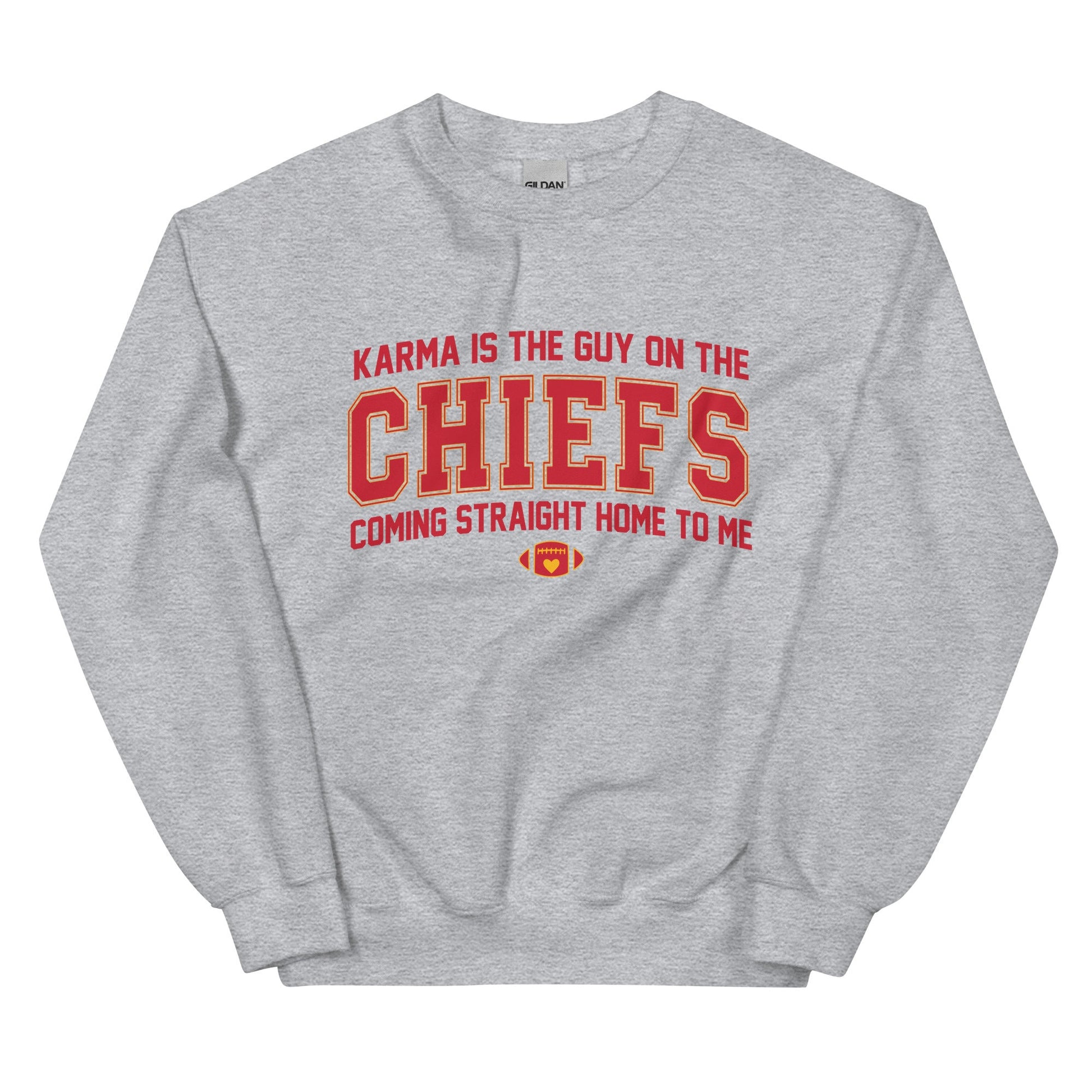 Karma Is The Guy On The Chiefs Gildan Crewneck Game Day Tee Football Tswift Swiftmas Merry Swiftmas Funny Tee Funny Tshirt