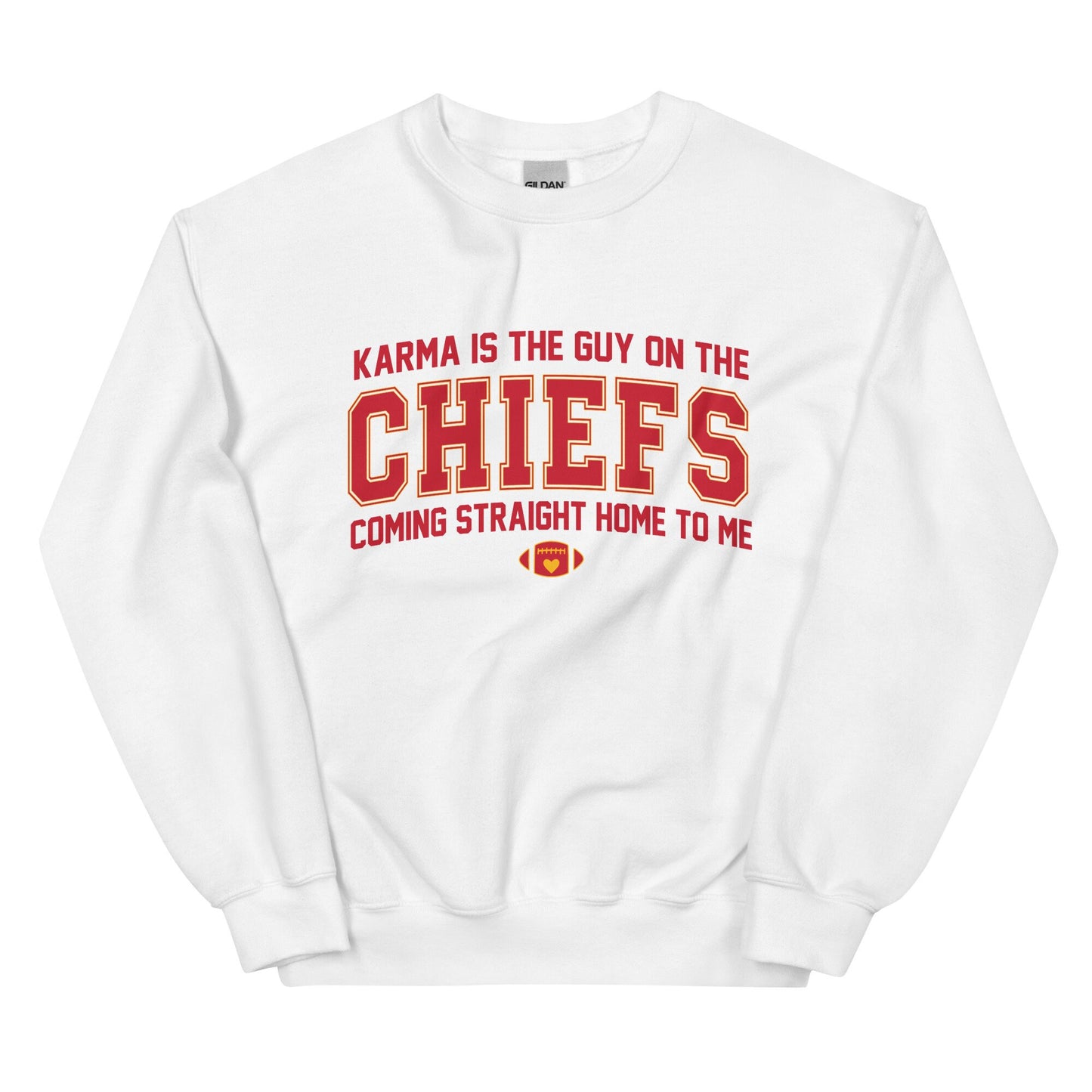 Karma Is The Guy On The Chiefs Gildan Crewneck Game Day Tee Football Tswift Swiftmas Merry Swiftmas Funny Tee Funny Tshirt