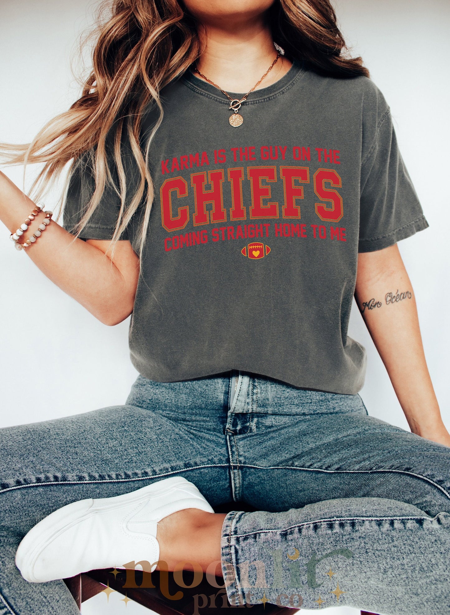 Karma Is The Guy On The Chiefs Comfort Colors Game Day Tee Football Tswift Swiftmas Merry Swiftmas Funny Tee Funny Tshirt