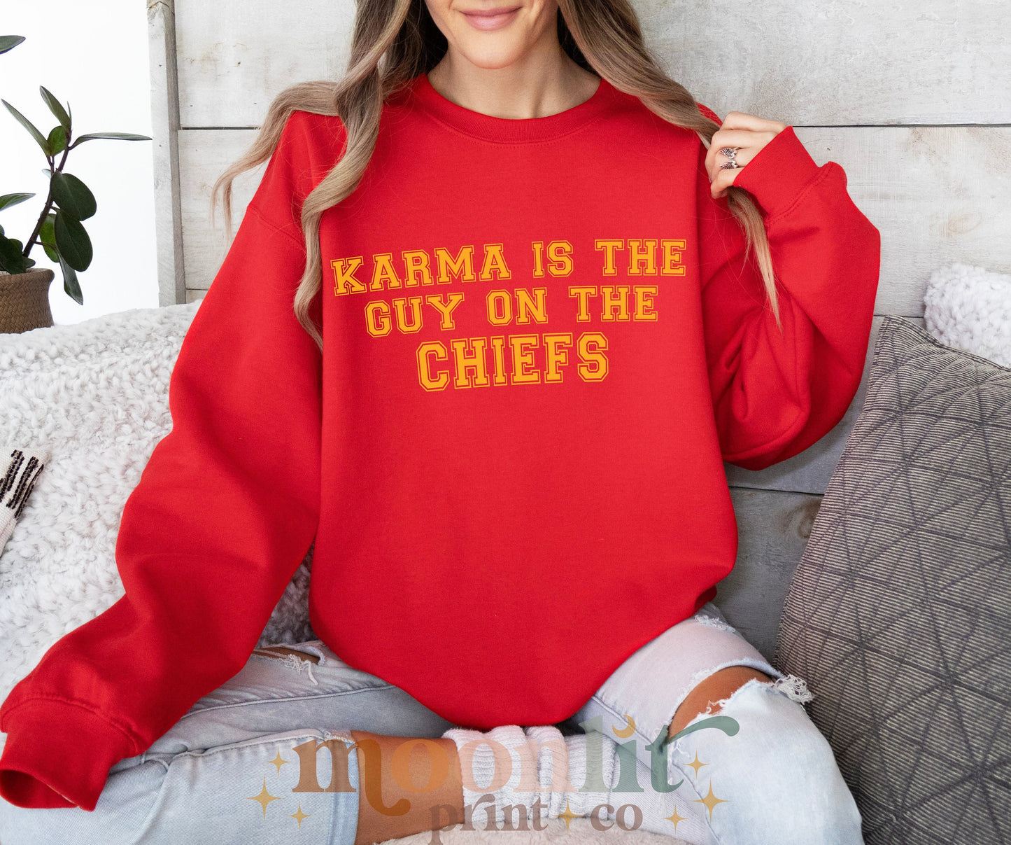 Karma Is The Guy On The Chiefs Gildan Crewneck Game Day Sweatshirt Football Tswift Swiftmas Swiftie Shirt Swift Kelce Shirt Swiftie Gift