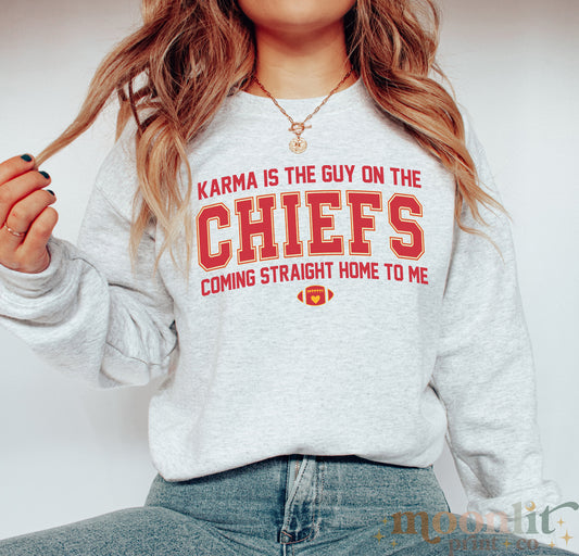 Karma Is The Guy On The Chiefs Gildan Crewneck Game Day Tee Football Tswift Swiftmas Merry Swiftmas Funny Tee Funny Tshirt