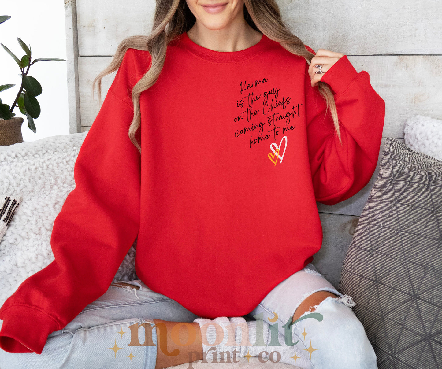 Karma Is The Guy On The Chiefs Gildan Crewneck Game Day Tee Football Tswift Swiftmas Merry Swiftmas Funny Tee Funny Tshirt