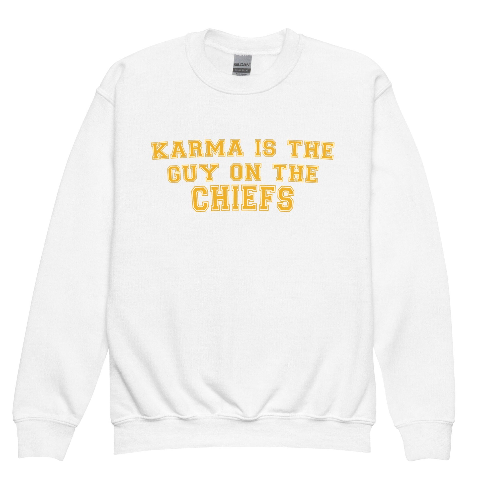 Karma Is The Guy On The Chiefs Youth Gildan Crewneck Game Day Tee Football Tswift Swiftmas Merry Swiftmas Funny Tee Funny Tshirt