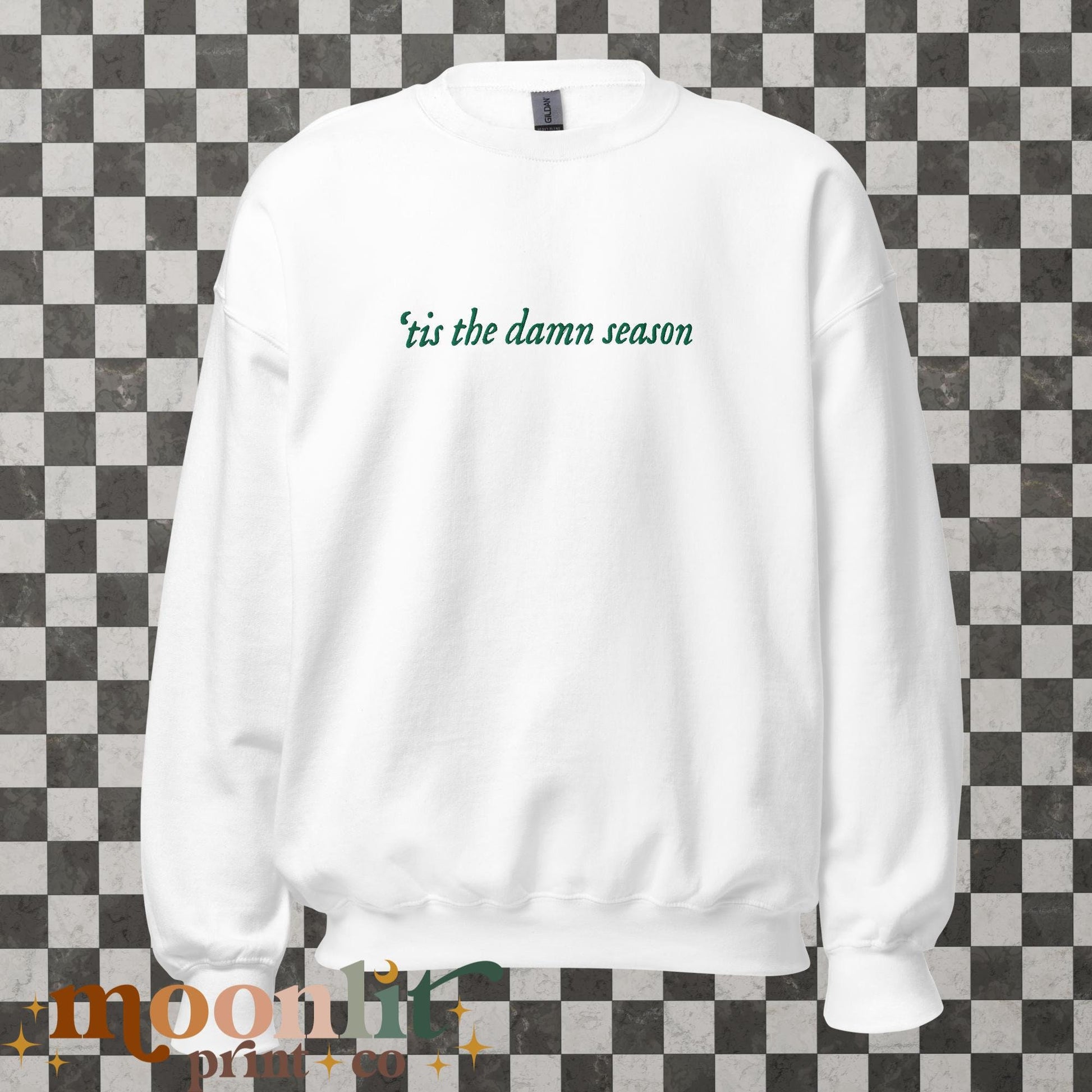 Tis The Damn Season EMBROIDERED Gildan Crewneck Holiday Swiftmas Sweatshirt Christmas Sweatshirt Tswift Lover Minimalist Holiday Sweatshirt