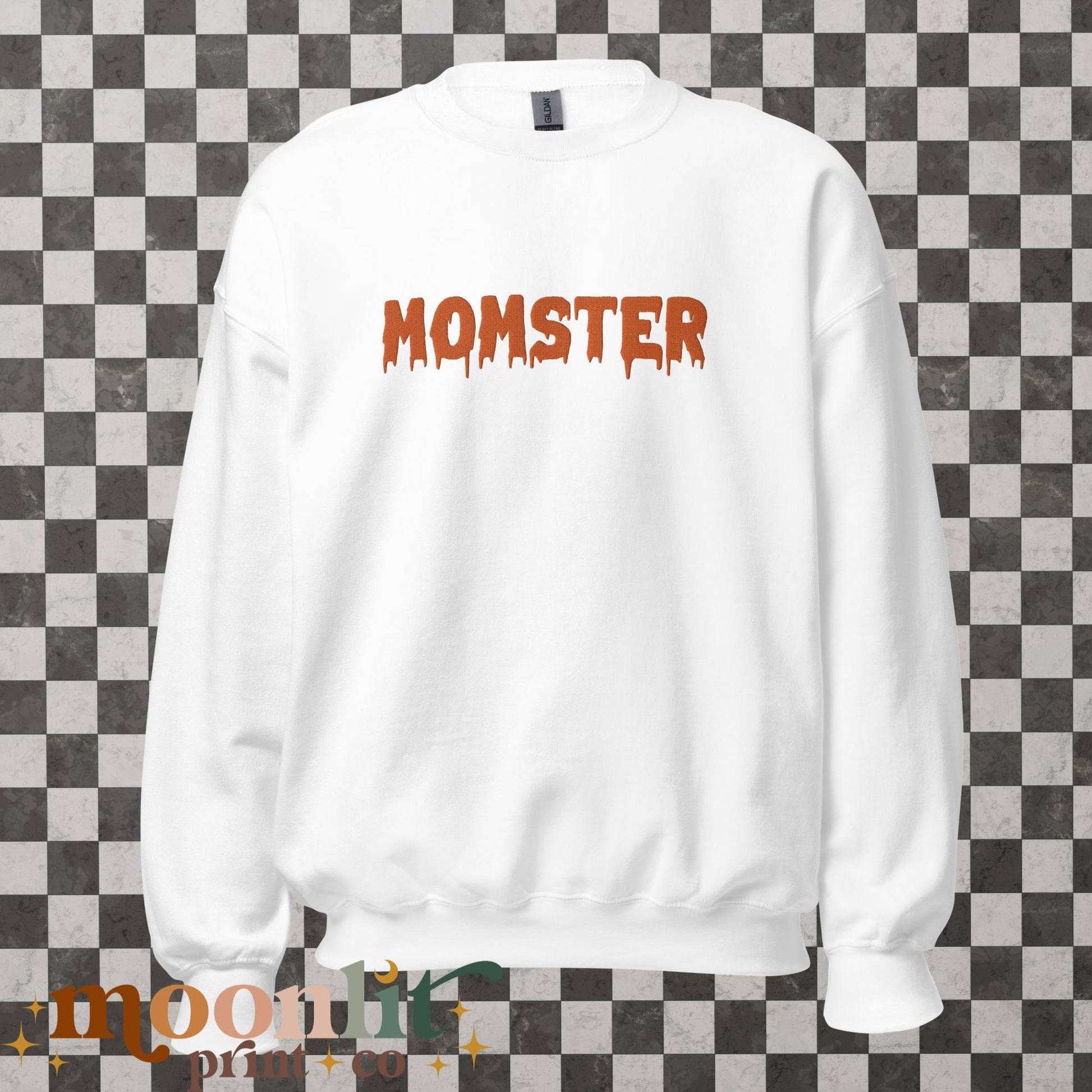 Momster Sweatshirt EMBROIDERED Gildan Crewneck Momster shirt, Halloween Mom Shirt Women&#39;s Halloween Sweater Funny Mom Halloween Shirt