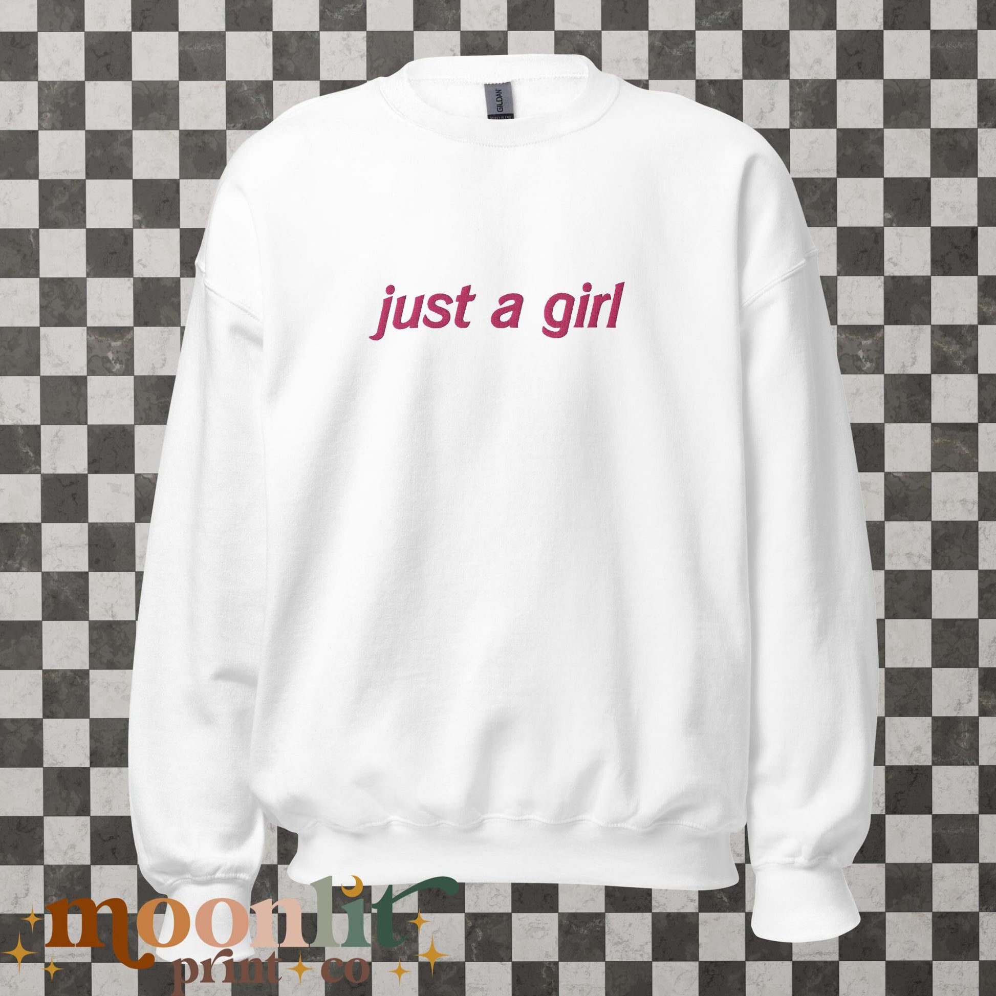 Just A Girl EMBROIDERED Gildan Crewneck Literally Just A Girl Funny Women&#39;s Sweatshirt Y2K Sweatshirt Meme Shirt Aesthetic Sweatshirt