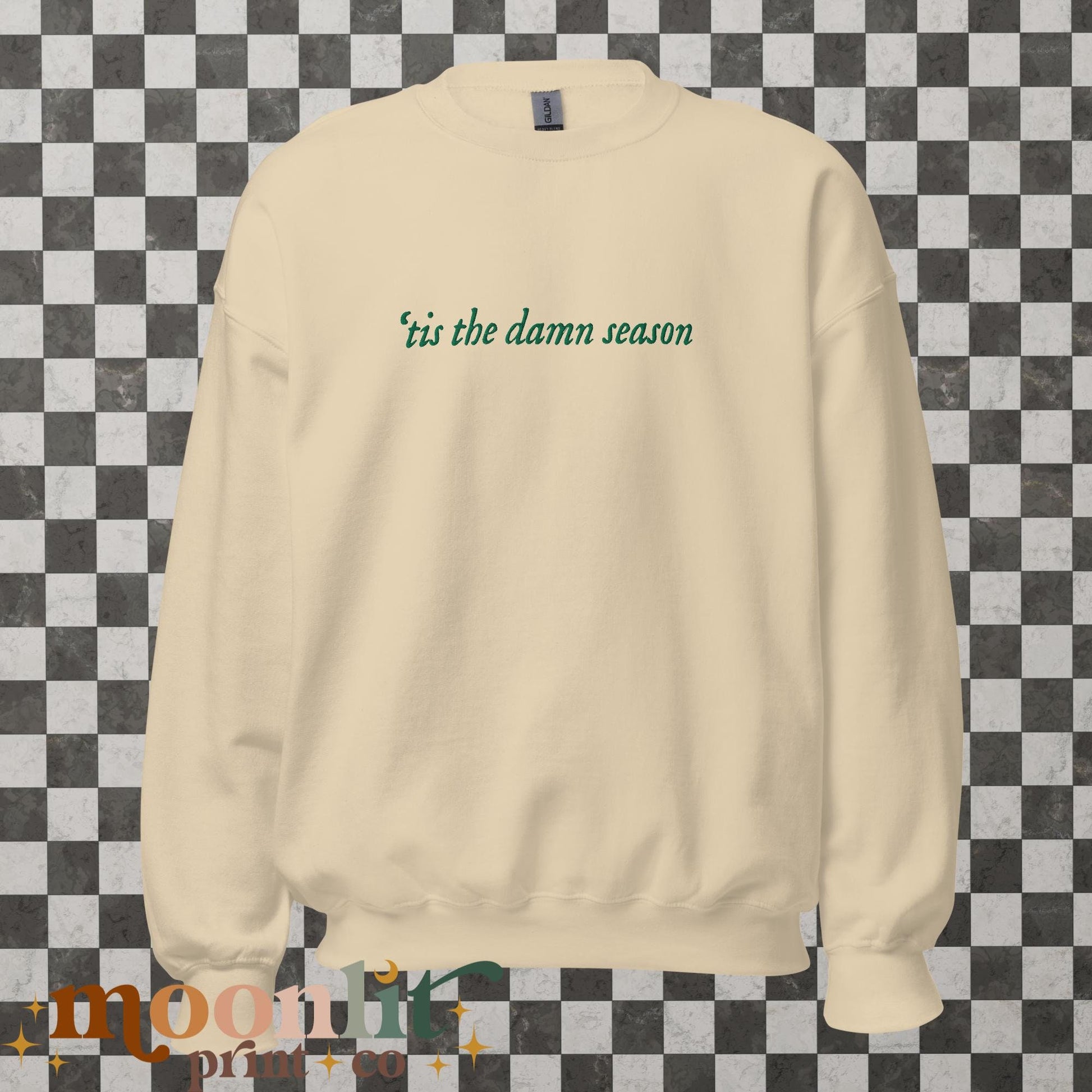 Tis The Damn Season EMBROIDERED Gildan Crewneck Holiday Swiftmas Sweatshirt Christmas Sweatshirt Tswift Lover Minimalist Holiday Sweatshirt