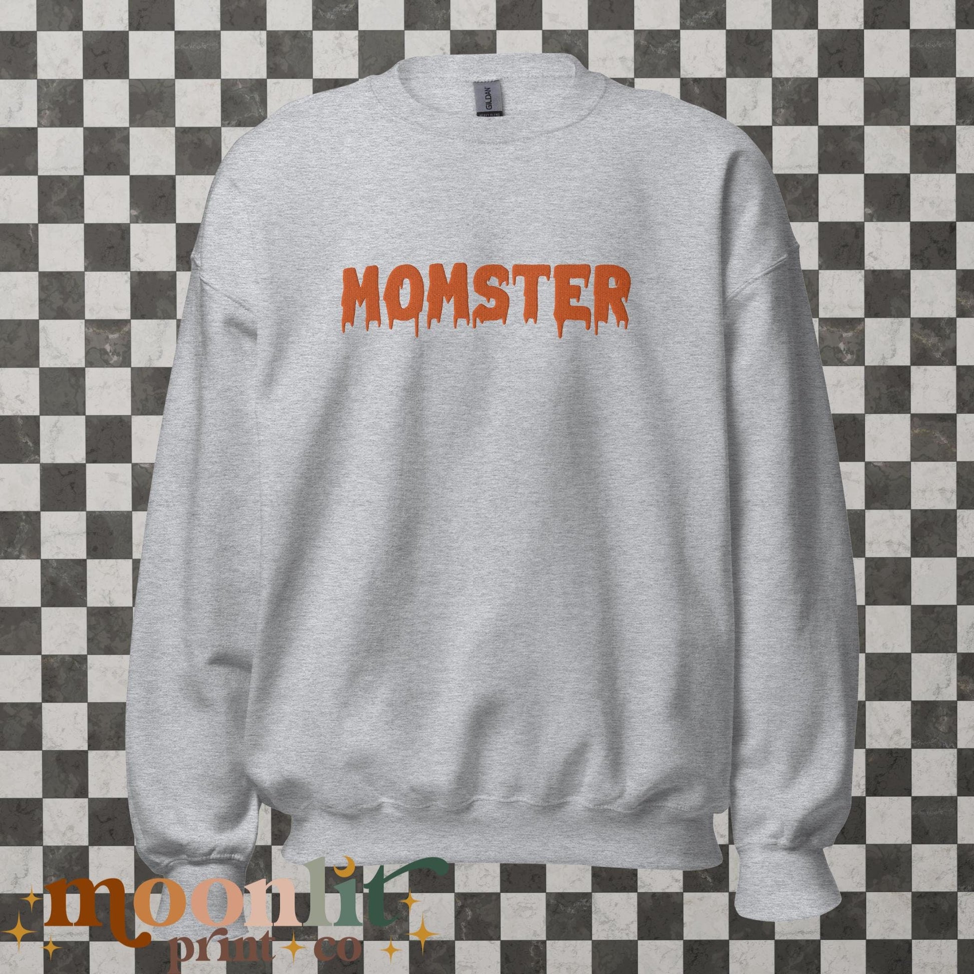 Momster Sweatshirt EMBROIDERED Gildan Crewneck Momster shirt, Halloween Mom Shirt Women&#39;s Halloween Sweater Funny Mom Halloween Shirt