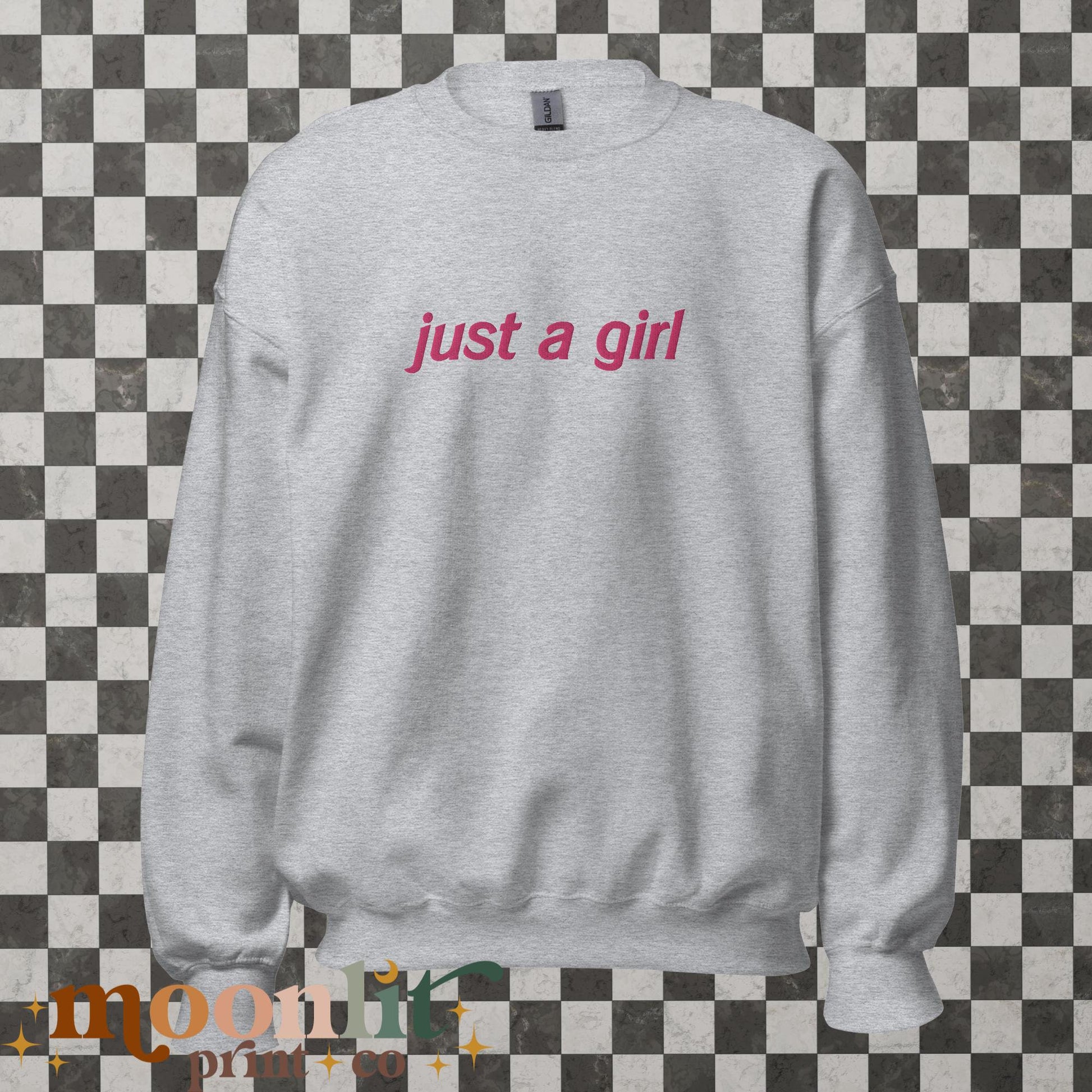 Just A Girl EMBROIDERED Gildan Crewneck Literally Just A Girl Funny Women&#39;s Sweatshirt Y2K Sweatshirt Meme Shirt Aesthetic Sweatshirt