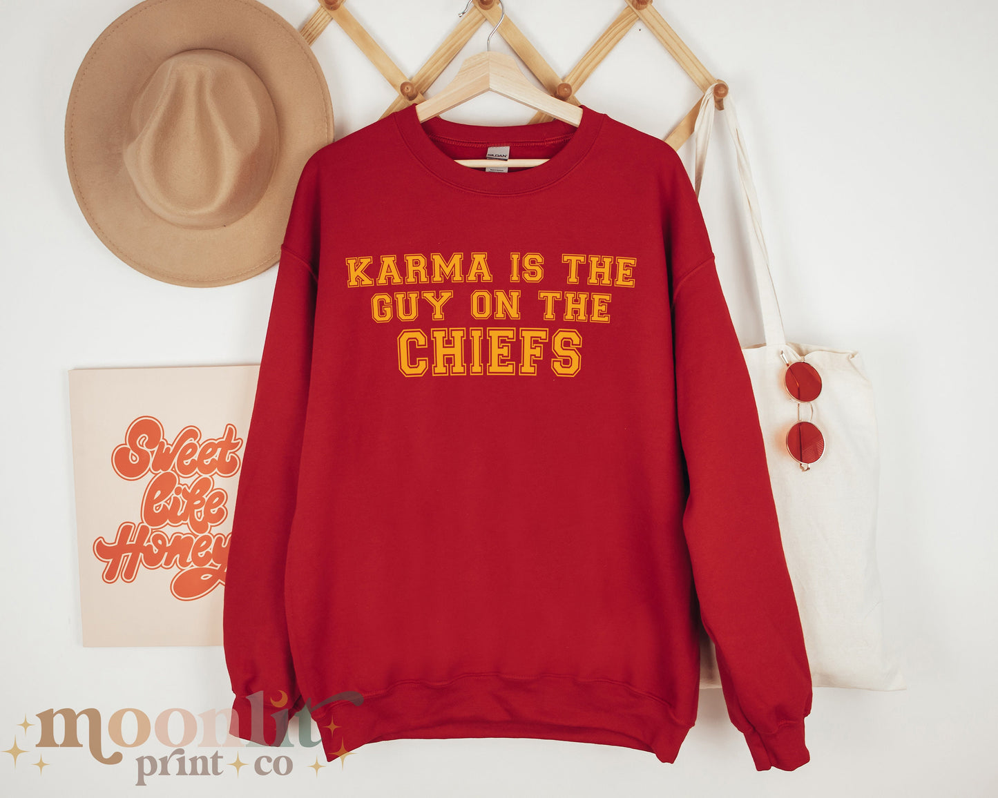 Karma Is The Guy On The Chiefs Gildan Crewneck Game Day Sweatshirt Football Tswift Swiftmas Swiftie Shirt Swift Kelce Shirt Swiftie Gift